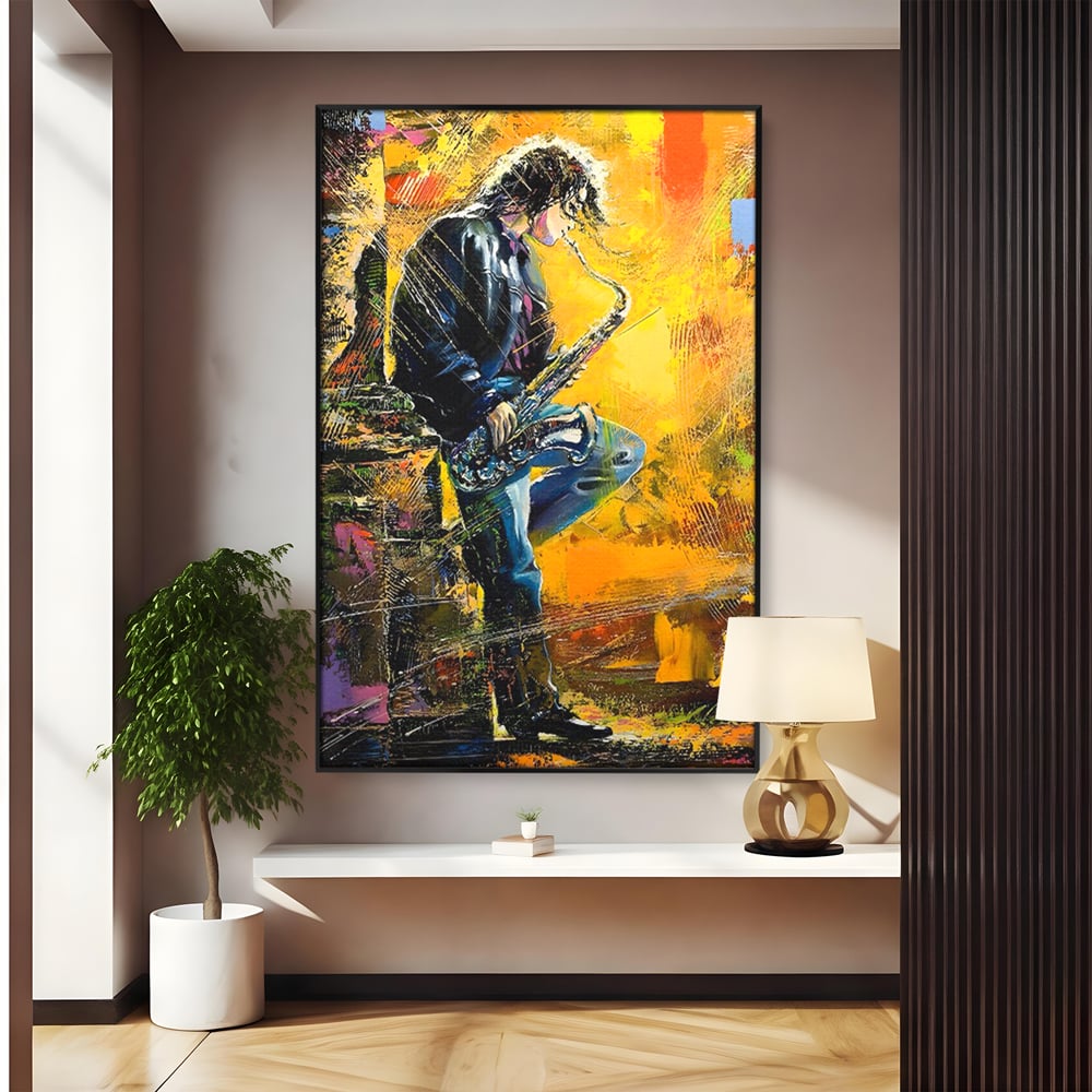 Tablou canvas cu tablou canvas cu muzician cantand la saxofon, in rama de aluminiu negru